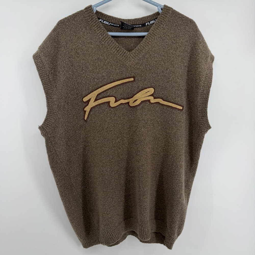 Vintage FUBU Sports Brown Wool Blend V-Neck Sweater Vest Logo XXXL 0196